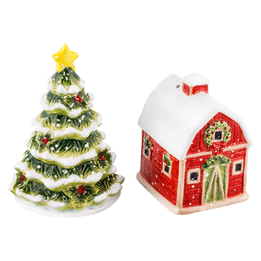 Набор для соли и перца 3D Рождество в усадьбе. Елочка и домик, керамика